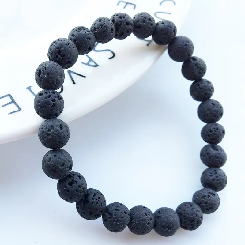 8mm couleur noire perles de pierre de lave naturelle brins bracelets porte-bonheur pour hommes femmes bijoux de mode