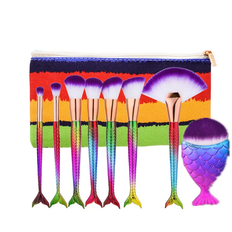 Mermaid Tail Makeup Brushes 8pcs /set Foundation Cosmetic Brush Thread Cosmetic Make Up Flat Mermaid Blending Brushes Set With Bag DHL Free