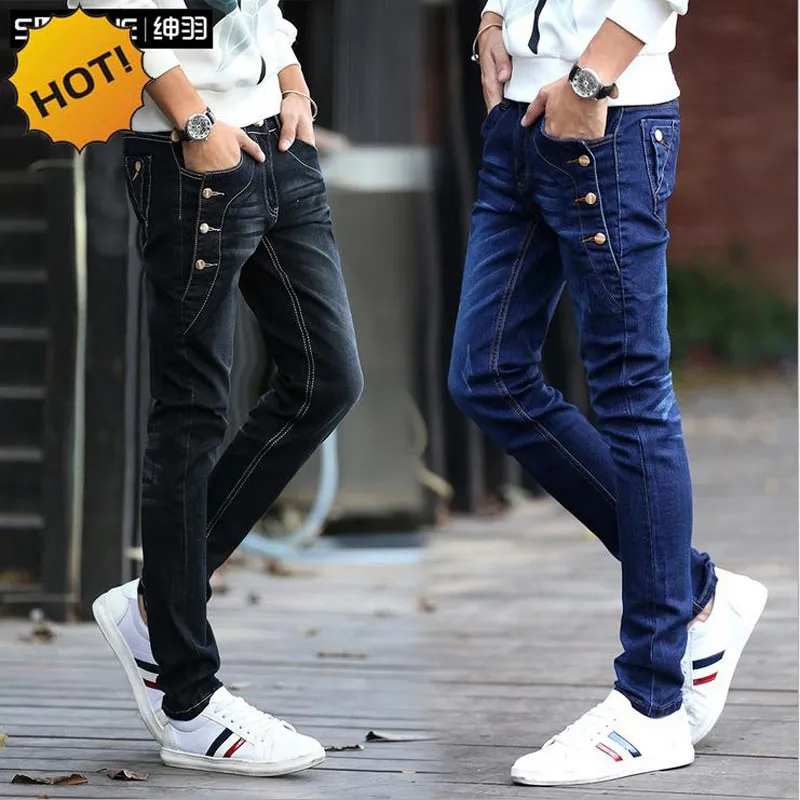 Gros-Mode Adolescents Stretch Slim Fit Noir Et Bleu Bouton Designers Casual Jeans Garçons Hip Hop City Streetwear Hommes Pantalon Crayon