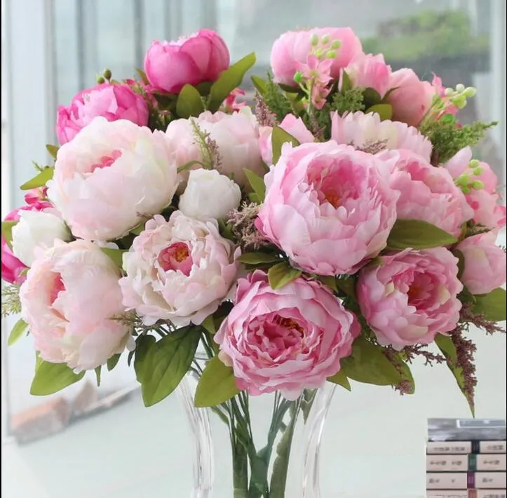 Linda flor de peônia decoração de casa feita à mão buquê de peônia artificial flores acessórios de noiva jardim corredores em massa 7 flores pe264v