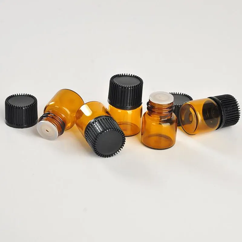 1ml 1/4 dram Amber Glass Essential Oil Bottle perfume sample tubes Bottle with Plug and caps fast shipping