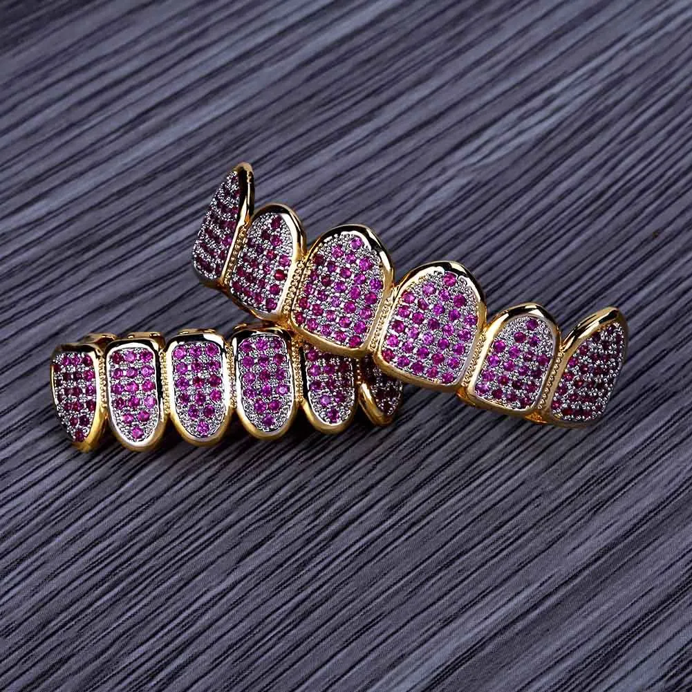 Custom Fit HipHop Gold Teeth Grillz Caps Micro Pave Fuchsia Cubic Zirconia Top & Bottom Grills Set for Christmas Gift Women210i
