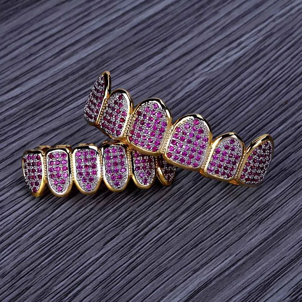 Custom Fit Hiphop Gold Teeth Grillz Caps Micro Pave Fuchsia Cubic Zirconia Górna dolna grille Zestaw na prezent Bożego Narodzenia Kobiety 5082144