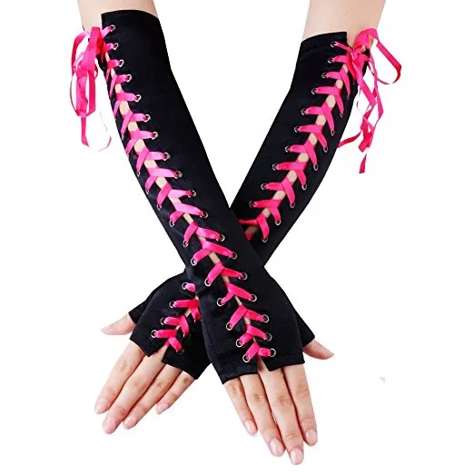 Womens Full Length Fingerless Lace Up Arm Warmer Satin Gloves Women's Lace-Up Gloves high quality Satin HJ123