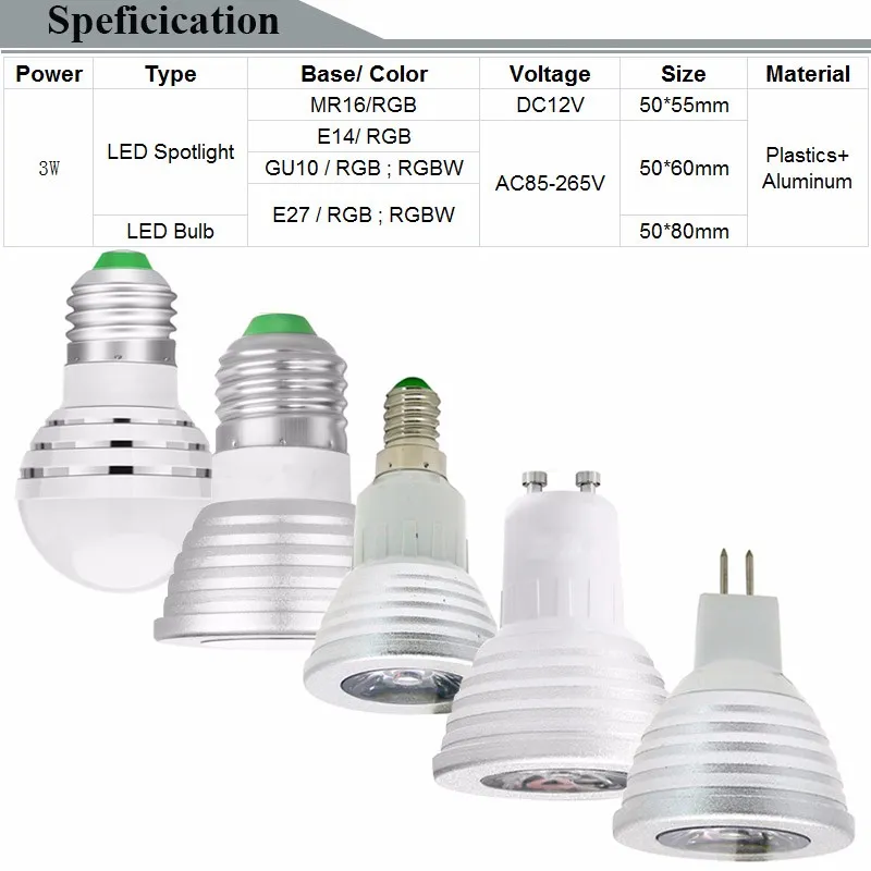 LED Lamp RGB RGBW 3W E27 E14 GU10 MR16 Spotlight Bulb Silver Brightness Adjustable Bombillas with IR Remote Controller Changeable