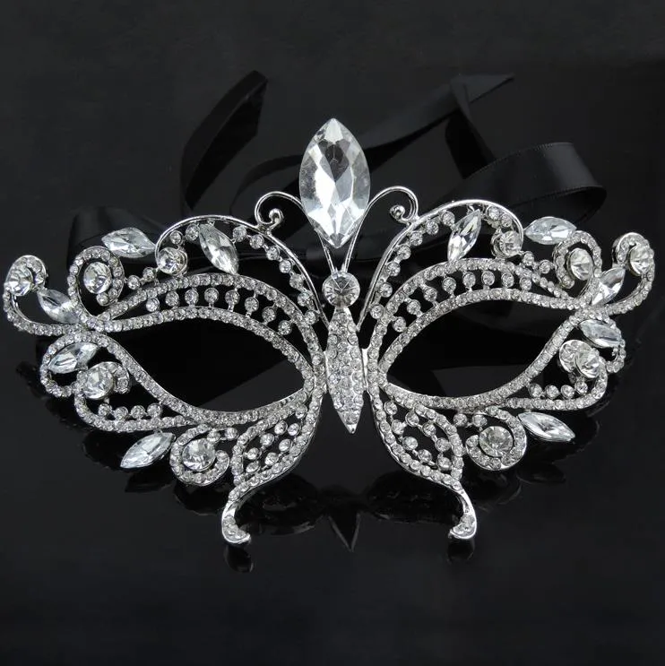 2017 Silberfarbene venezianische Braut-Maskerade-Strass-Kristall-Augenmaske für Halloween, Kostüm, Ball, Party, Mask237e