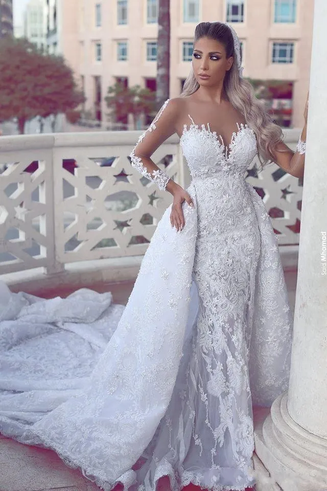 Arabic Lace Overskirts Wedding Dresses Long Sleeves Sheer Neck Lace Appliques Illusion Back Mermaid Bridal Gowns with Removable Skirt