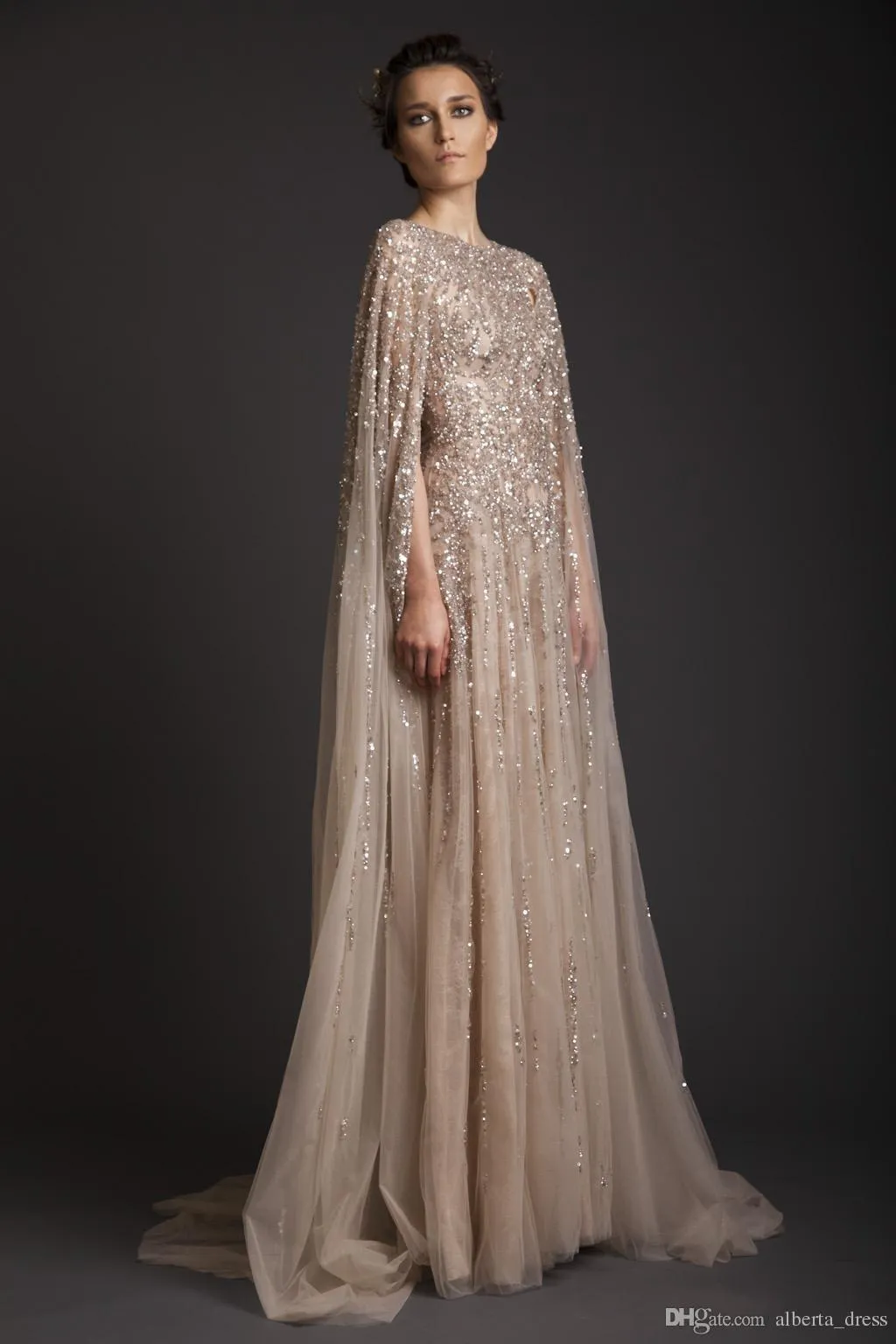 Krikor Jabotian 2019 Abendkleider mit Wickel-Champagner-Perlen, Pailletten, A-Linie-Abschlussballkleid, maßgeschneidertes formelles Partykleid