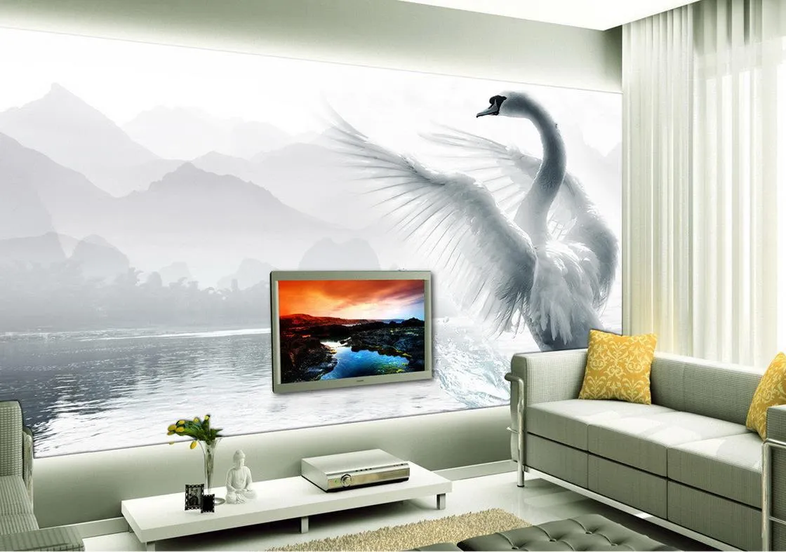 Nouvelle douane 3D Belle romantique Beau Swan Lake TV Wall Decoration Paint Wallpaper pour les murs 3 D pour le salon