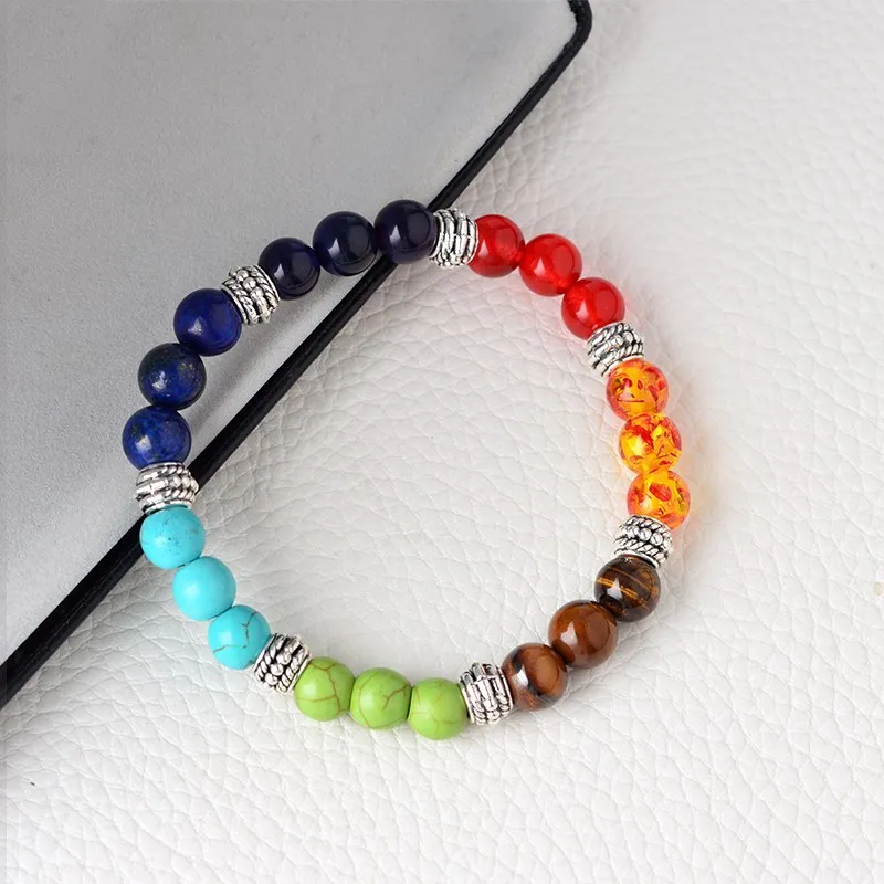 Multicolore 7 Chakra Guérison Équilibre Perles Bracelet Mat Agate Pierre Naturelle Lave Yoga Vie Énergie Bracelet Femmes Hommes Casual Bijoux