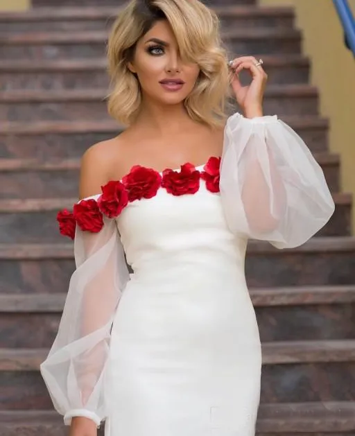 White Special Design Elegante promjurken off Shoulder Puff Sleeve Knie-length Party-jassen met handgemaakte bloemen op maat gemaakte formele jurken