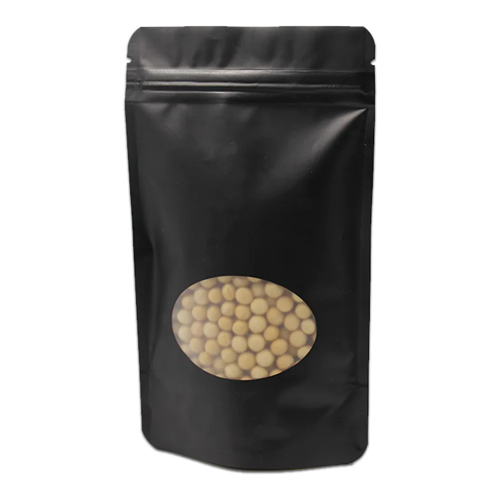 100ピース/ロットスタンドアップマットブラックピュアアルミホイルの透明な窓の食糧貯蔵包装袋Zipロックグリップシールパックバッグ