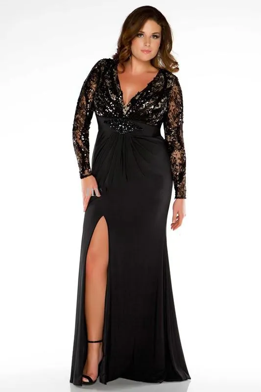 Evening Gown PLUS SIZE Long Sleeve Black Dress Cheap Deep V Neck Open Back Sexy Lace Formal Wear Floor Length Split Dress Women