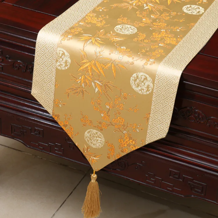 Corredor de mesa de bambu extra longo de 120 polegadas, corredor de mesa de café de brocado de seda simples de luxo, tapetes de mesa de jantar de alta qualidade 300 x 33 6786678