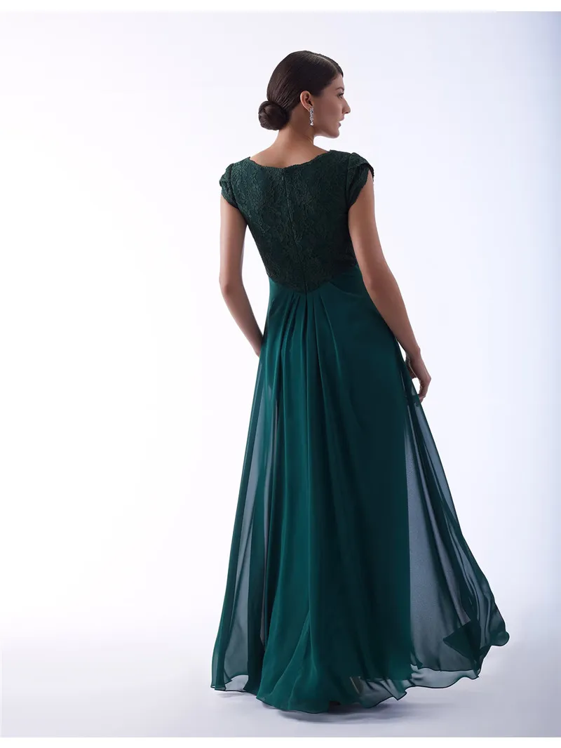 Dark Green Modest Bridesmaid Dresses Long With Short Sleeves Lace Chiffon A-line Summer Wedding Party Dresses Cheap Custom Made