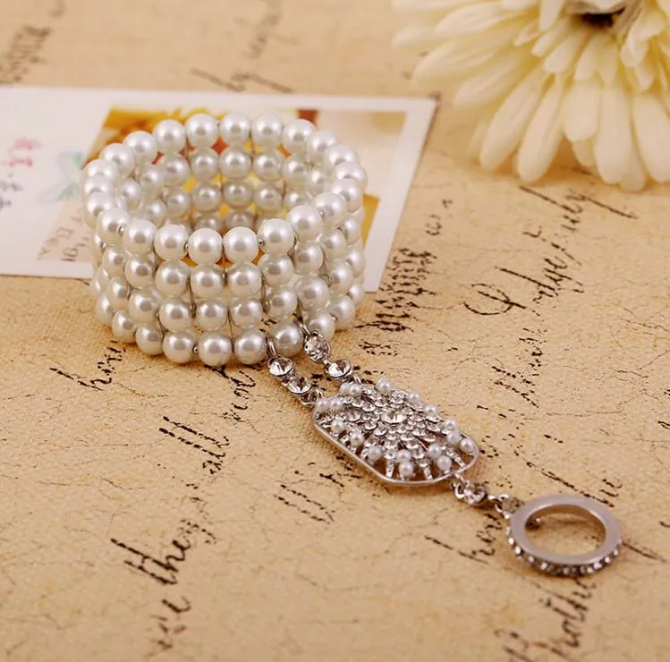 En stock Listo para enviar accesorio de boda Pulsera nupcial de cristal con cadena de mano con anillo286O