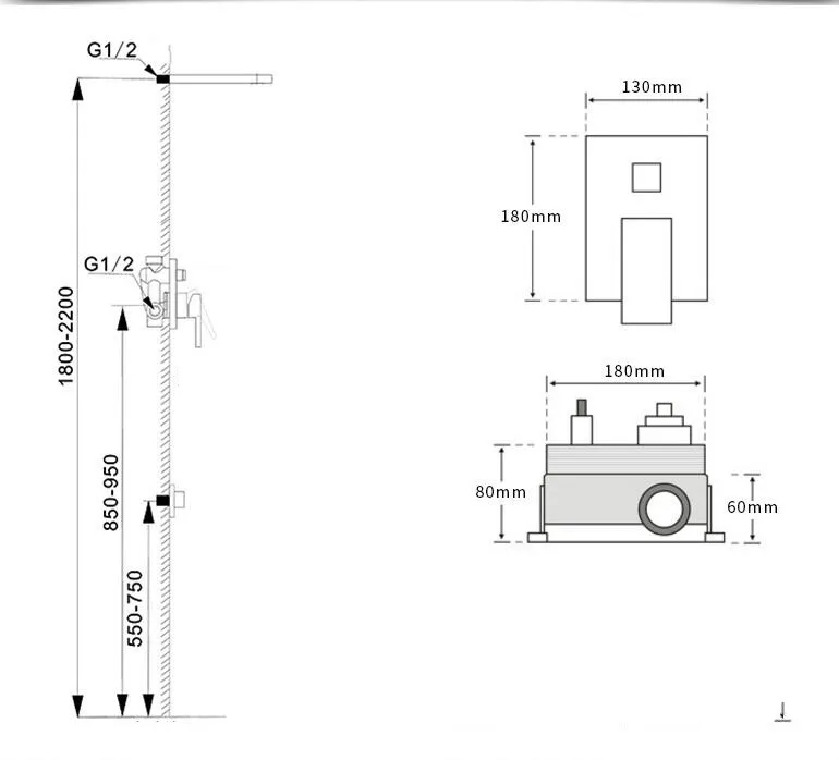 Soffione a cascata quadrato in acciaio inossidabile 200X160mm Soffione doccia a incasso a muro in ottone in ottone 6004