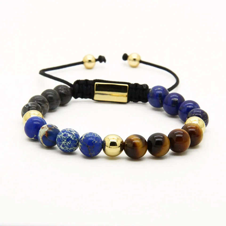 Goedkope sieraden groothandel 10 stks / partij 8mm blauwe zee sediment stenen kralen met een rang tijger oog steen energie macrame armbanden