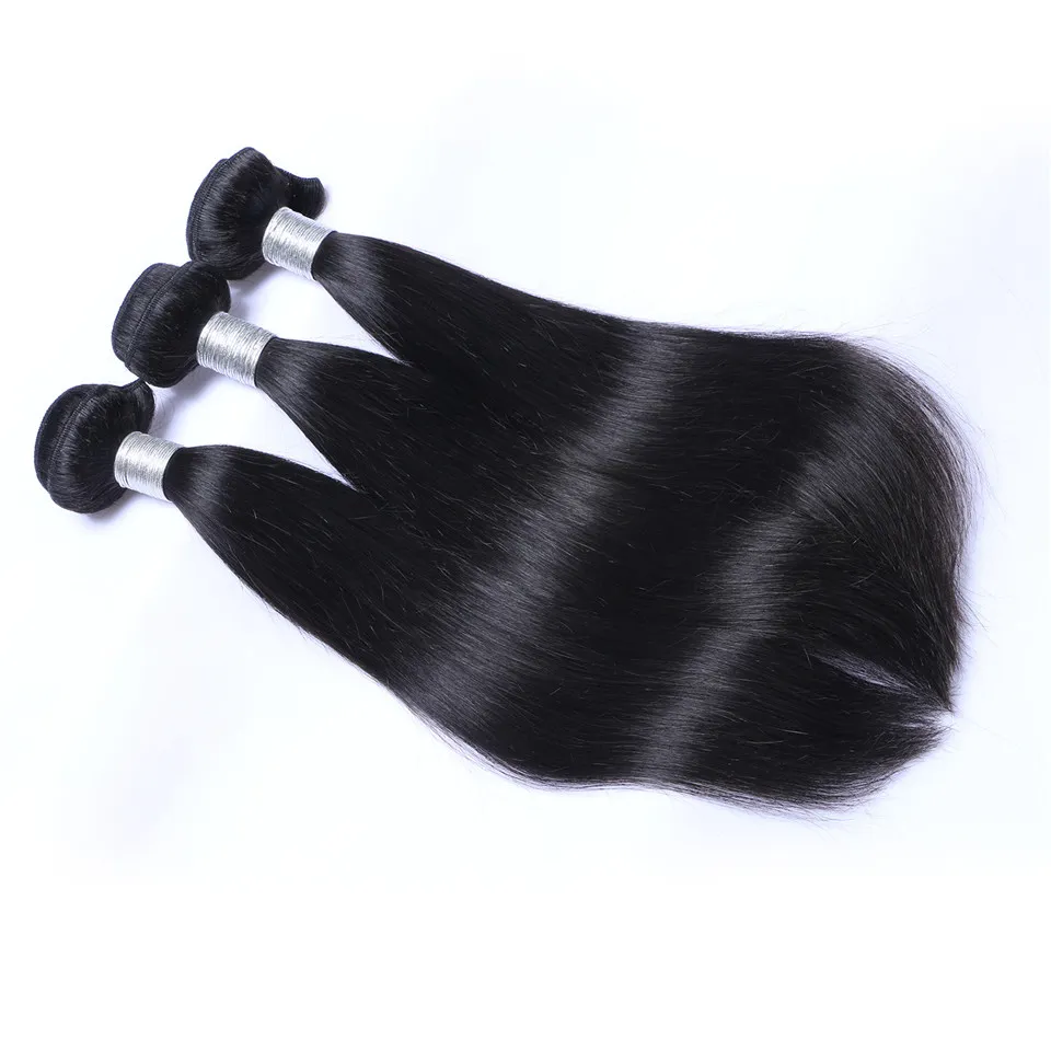 Brazilian Straight Hair Weaves 3 Bundles with Closure Free Middle 3 Part Double Weft Human Hair Extensions Dyeable 100g/pc