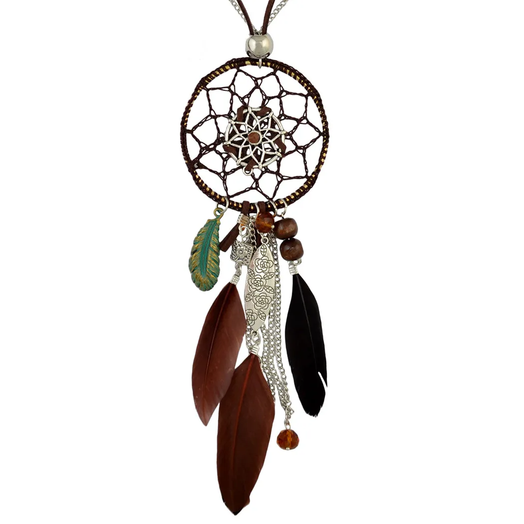 idealway 4 Colors Bohemian Fashion Silver Plated Leather Double Chain Resin Feather Tassel Dreamcatcher Pendant Necklace