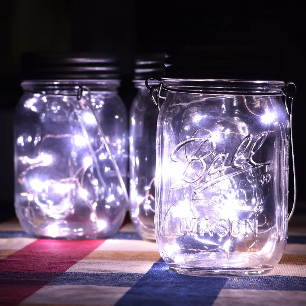 Mason Jar Lights 10 LED White Solar Fairy Lights Pokrywa wkładka do pokładu ogrodowego Patio Party Wedding Christmas Dekoracyjne oświetlenie 1131323