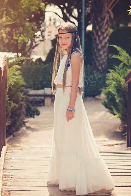 2024 Bohemian Flower Girl Dresses 2 Piece Junior Bridesmaid Dress Vintage Floor Length Communion Dress for Little Girls