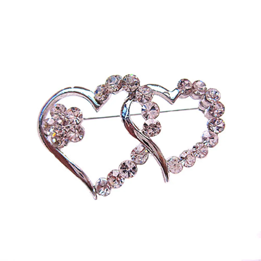 Rhodium Silver Tone Clear Diamante Crystal Double Heart Small Pin Brooch