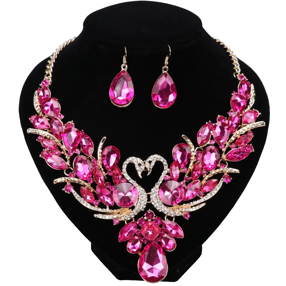 Luxus Vergoldet Rose Rot Kristall Neue Collier Femme Doppel Swan Aussage Halskette Ohrring Für Frauen Party Hochzeit Schmuck Sets