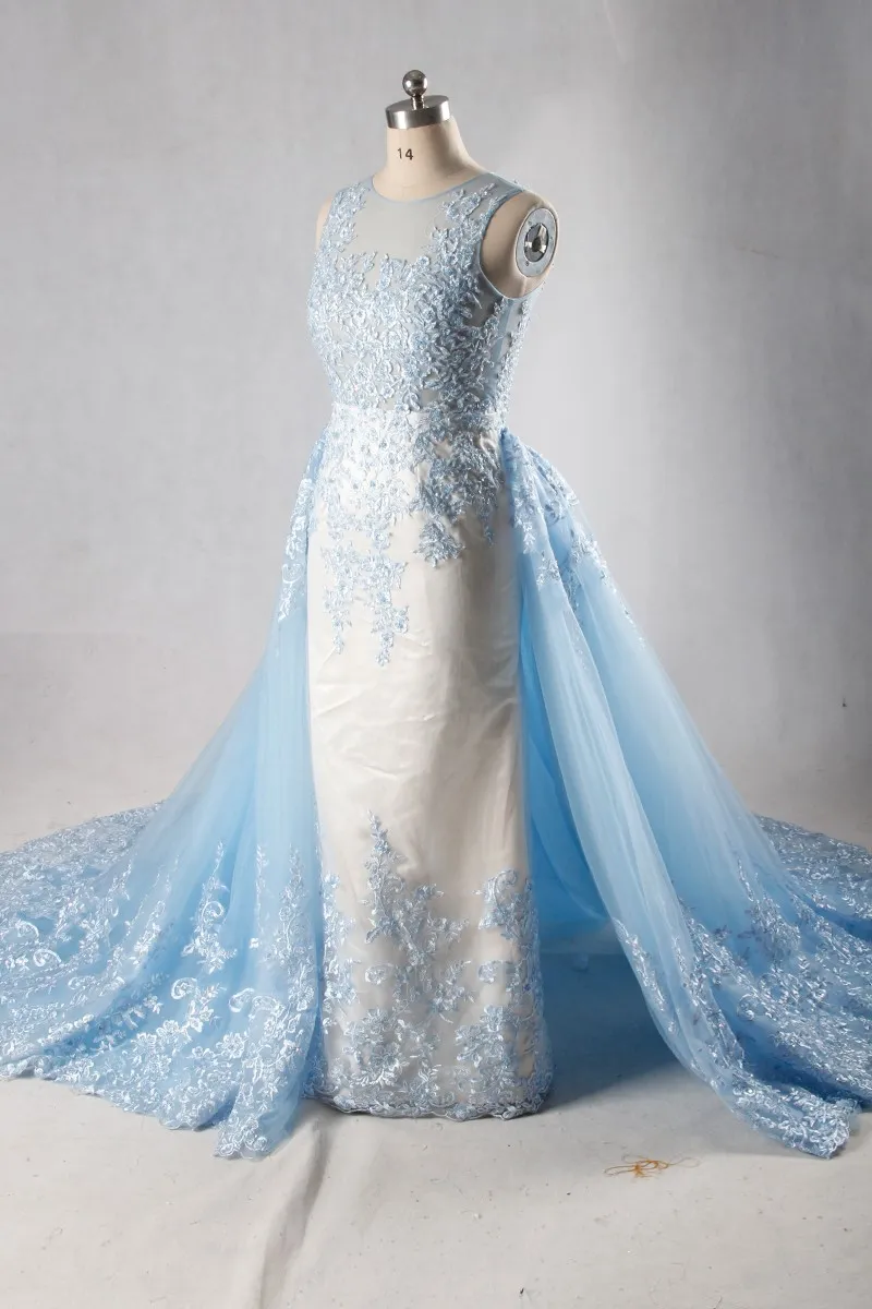 Light Sky Blue Lace Evening Dress With Detachable Cathedral Train Luxury Elegant Illusion Beading Rhinestone Real Formal Party Gowns