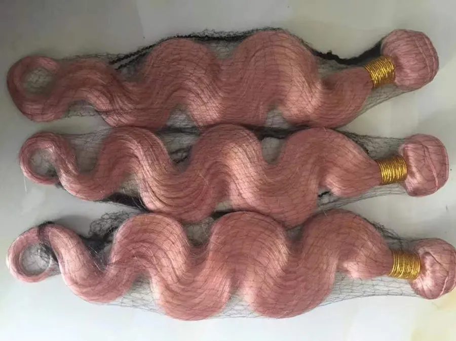 Rose Gold Menschliches Haar Bundles Mit Spitze Frontal Schließung Rosa Körperwelle Haarsträhnen Mit Spitze Frontal Schließung Rosa Menschliches Haar Spinnt