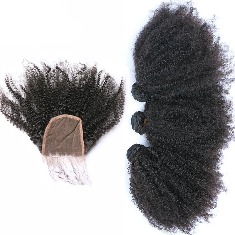 브라질의 Afro Kinky Curly 4 * 4 레이스 앞가림 (머리 묶음 4 개 세트) Lot Afro Curly Virgin Hair (레이스 클로저 포함) 무료 배송