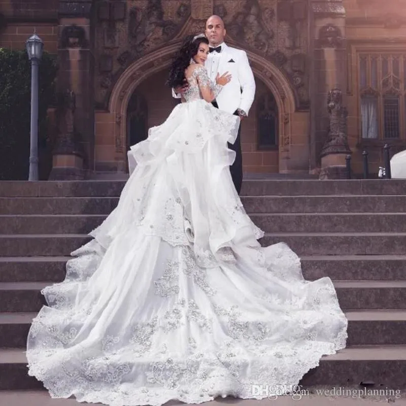 Modest Mermaid Detachable Train Bridal Gown High Neck Long Sleeve Appliques Crystal Wedding Dress Over Skirts Ruffles Organza Wedding Gown