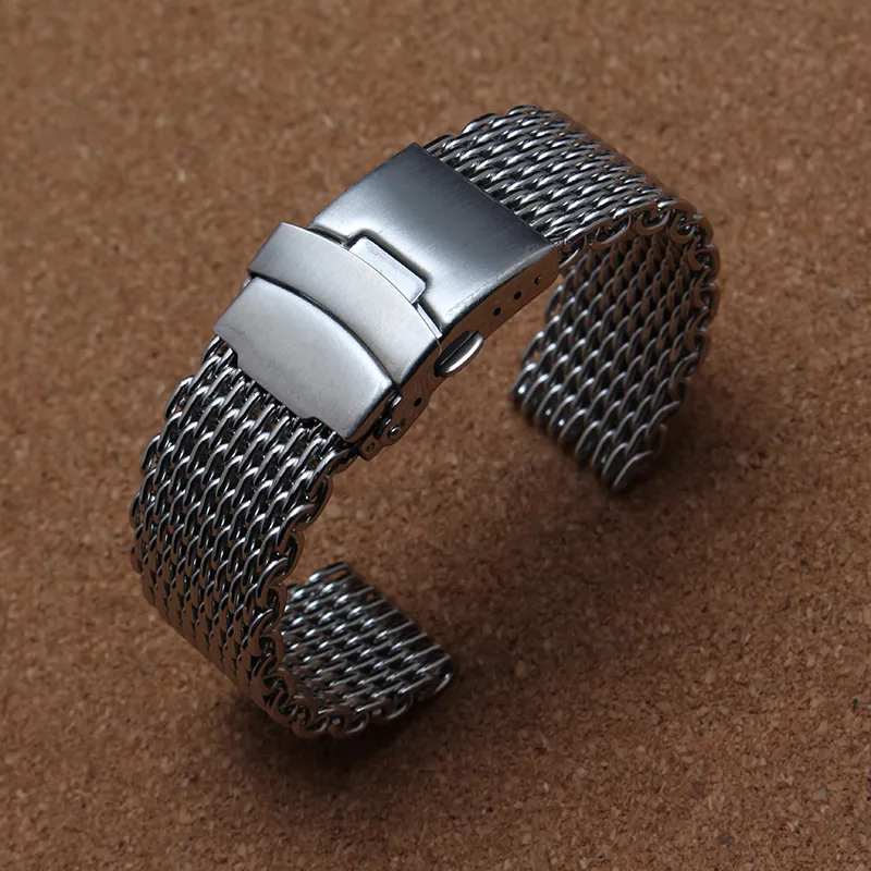 Shark Mesh Watchband Armband Special Slut Säkerhetspärr 18mm 20mm 22mm 24mm Klockremmar Silver Rostfritt Stål Metall Länkar Klocktillbehör