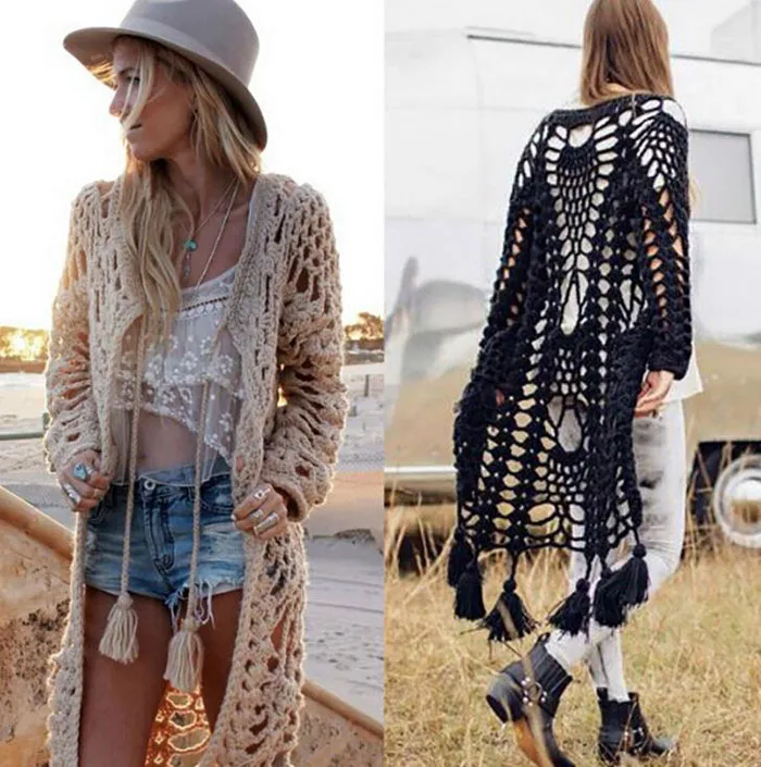 New Bohemia Fashion Women Cardigans Crochet Knitted Sweater Long Sleeve Hollow Out Outwear Sweaters Coat C2990