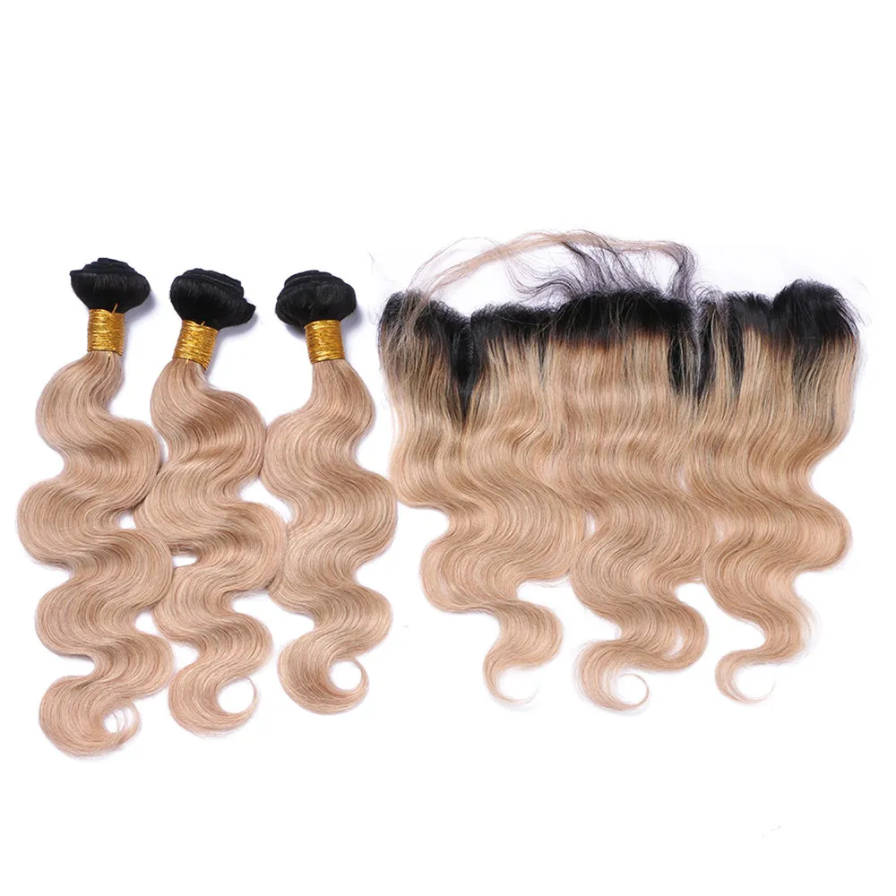 8A Körper-Wellen-Honey Blonde Haare mit Spitze Frontal Schließung brasilianische Ombre 1B / 27 dunkle Wurzel Ohr zu Ohr Lace Frontal Mit Bundles