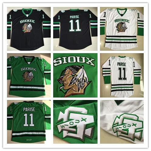 11 Zach Parise North Dakota Fighting Sioux College Hockey Jersey, Fighting Sioux Jersey Sys Och Broderi Toppkvalitet