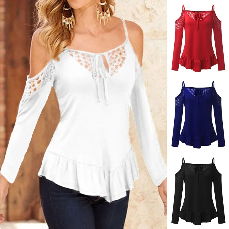 Alaska la nieve Cereal Blusas Moda Mujeres Sexy Sling manga larga Off Tops de Hombro Encaje Casual  Hollow Out camisa