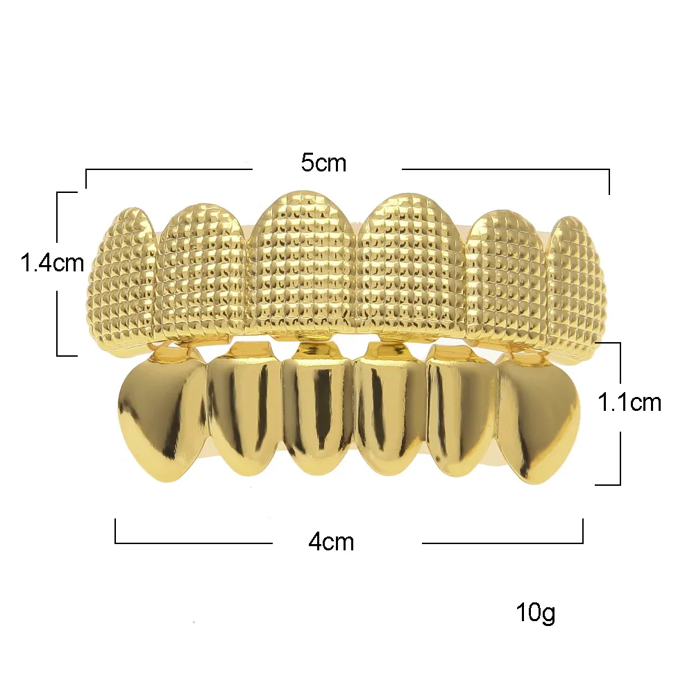 Mun tillbehör bio koppar 18k guldpläterade hip hop bling smycken tänder grillz caps topp botten gyllene grillar set tanduttag med cz