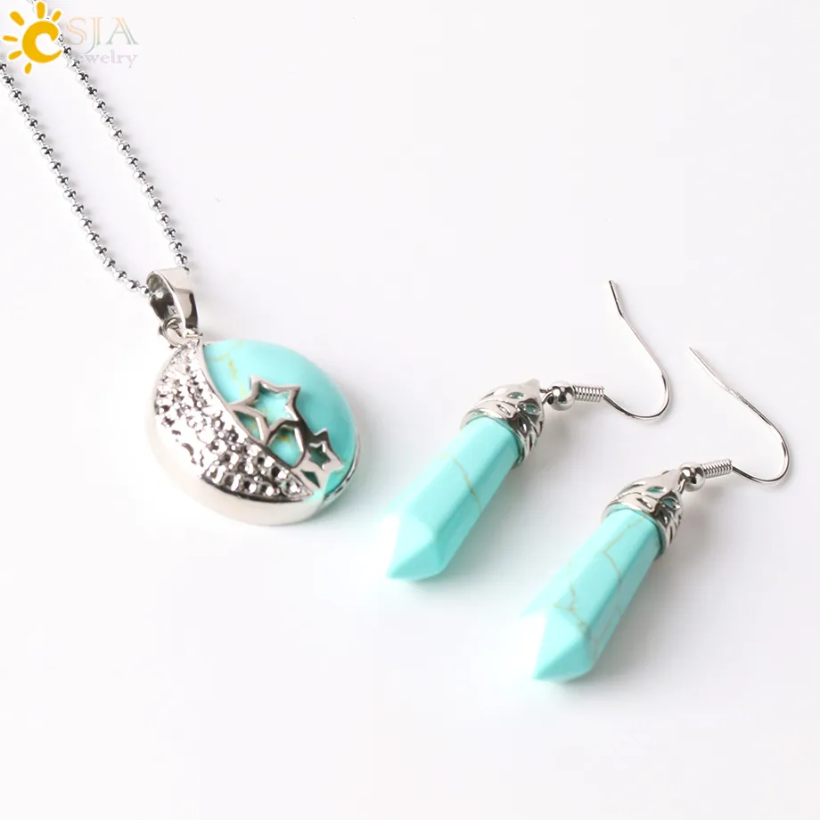 CSJA Bohemian Natural Gem Stone Conjuntos de joias Moon Stars Pingente Colar Gancho Dangle Brincos Opala Ametista Verão Praia Jewe7417740