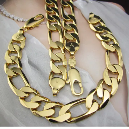 Fayelight Statement Jewelry Collana in oro giallo da uomo 24 carati + set di bracciali 12 mm Figaro Curb Chain a catena 24 "+ 8,3"