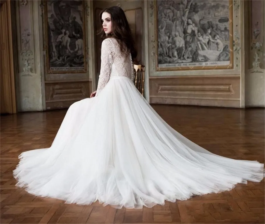 O-neck Tulle Lace Long Sleeve Wedding Dress Elegant Tulle Bride Dresses Illusion Back Custom Robe de Mariage