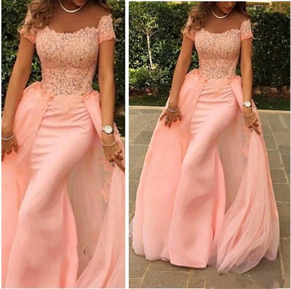 Modern Off-the-shoulder Mermaid Tulle Evening Dress Floor-length Lace Applique Short Sleeves Peach Prom Dress robe de bal princesse