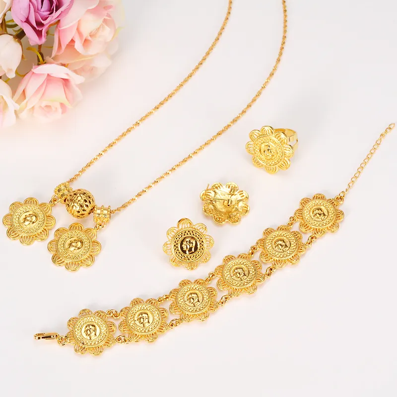 NEW Ethiopian Coin Sets Jewelry With 24k Real Yellow Solid Gold GF Pendant Necklace Earrings Ring Bracelet Bridal Wedding Women