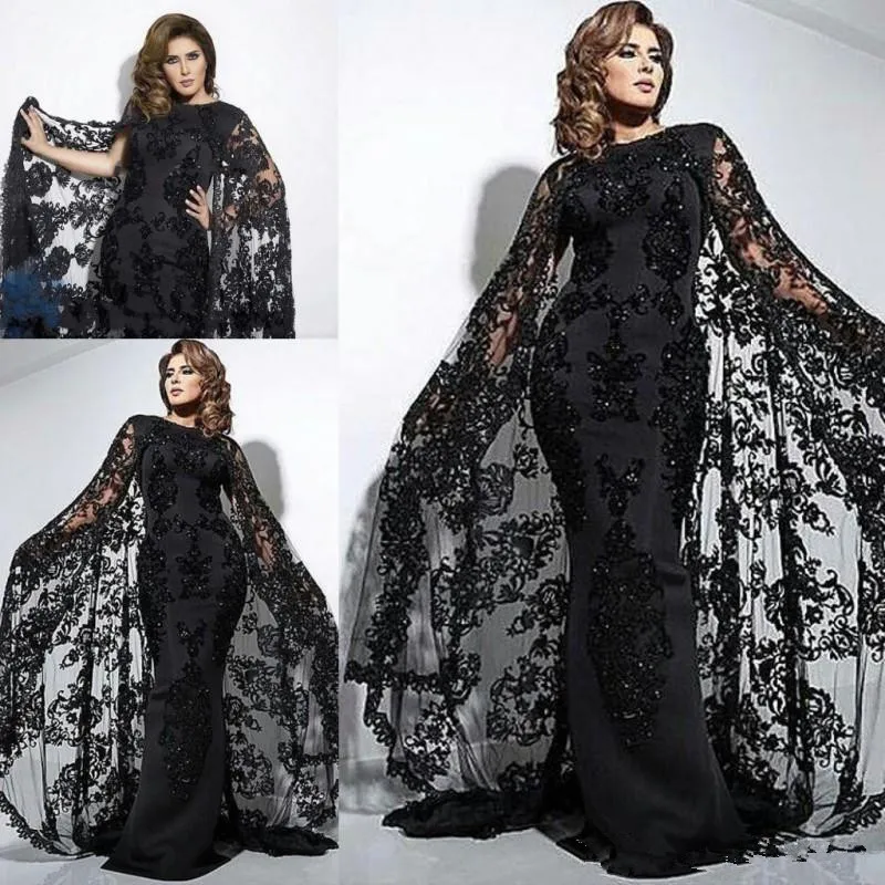 Yousef Aljasmi Saudyjska Arabska Czarne Suknie Wieczorowe Koronki Cloak Styl Mermaid Prom Dresses Aplikacja Plus Size Formalne sukienki