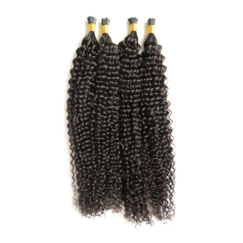 Keratyna Stick Tip Human Hair Extensions I Wskazówka Przedłużanie Włosów Naturalny Kolor Nieprzetworzone Brazylijskie Kinky Kręcone Hair 200G 1g / Strand 200s