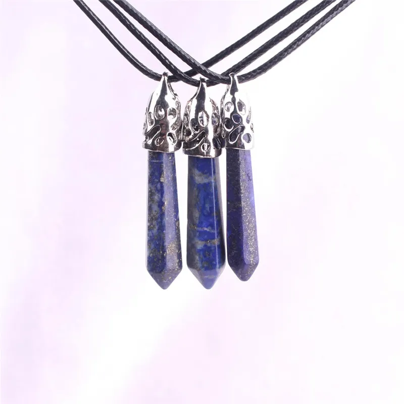 60*10mm Egyptian Blue Lapis Lazuli Nature Quartz Semi-precious Stone 6 Facet Cut Created Gemstones Silver Plated Cap Bail Pendant Necklace