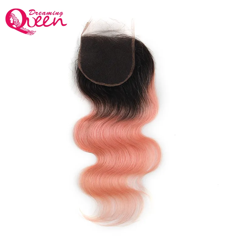 1B Pink Body Wave Lace Closure Ombre Brazilian Human Hair Pink 4x4 Closures Virgin Human Hair Dreaming Queen Hair