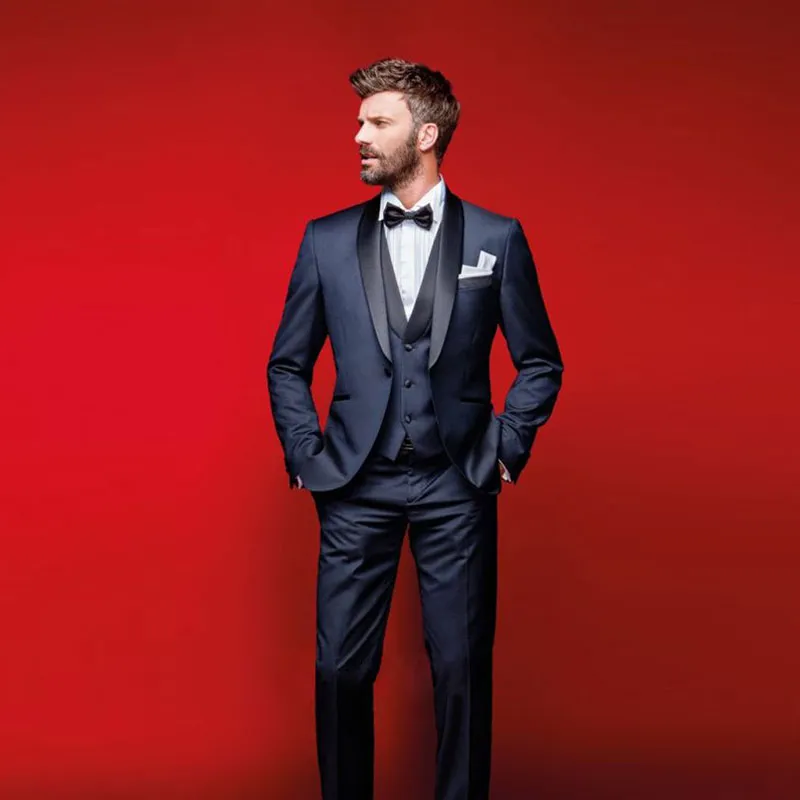 Elegante Azul Marinho Casamento Smoking Slim Fit Ternos Para Homens Groomsmen Terno de Três Peças Barato Prom Ternos Formais (Jacket + Pants + colete + Gravata borboleta)