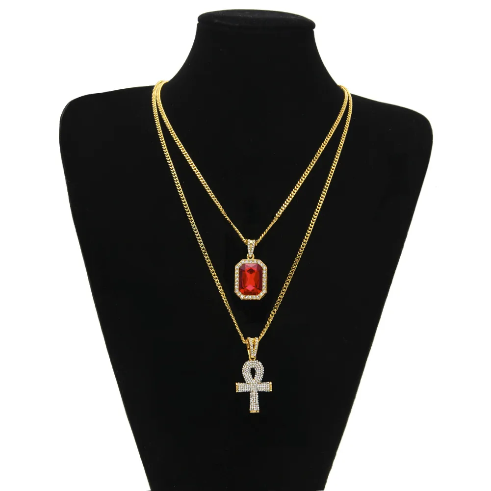 Collier égyptien Ankh Key of Life pour hommes, ensemble Bling glacé, croix, mini pendentif en pierre précieuse, chaîne en or et argent pour femmes, bijoux Hip Hop