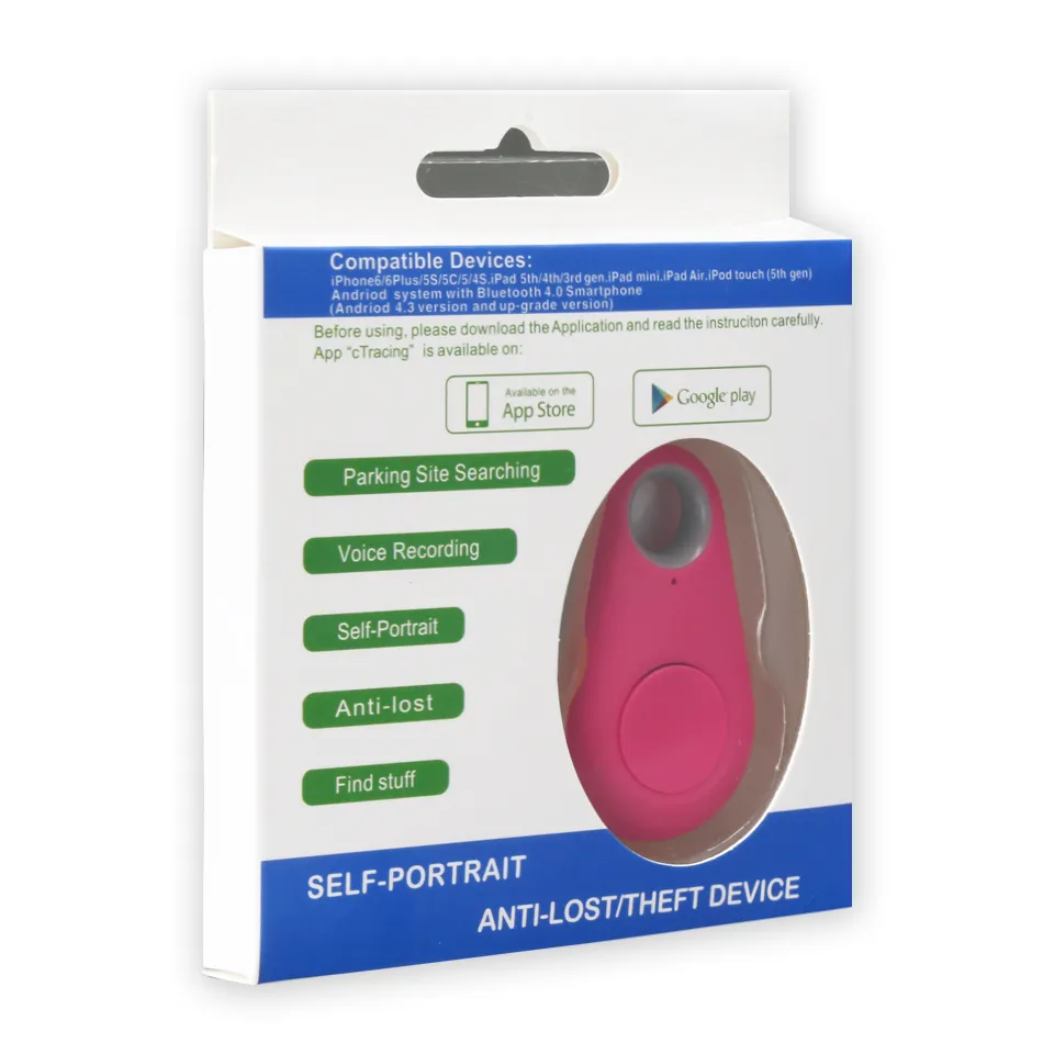 Mini GPS Tracker Bluetooth 4.0 Larm iTag Key Finder Selfie Shutter Anti-förlorade Tillbehör Locator Spårare för sällskapsdjur Hund Katt Barn i Retail Box